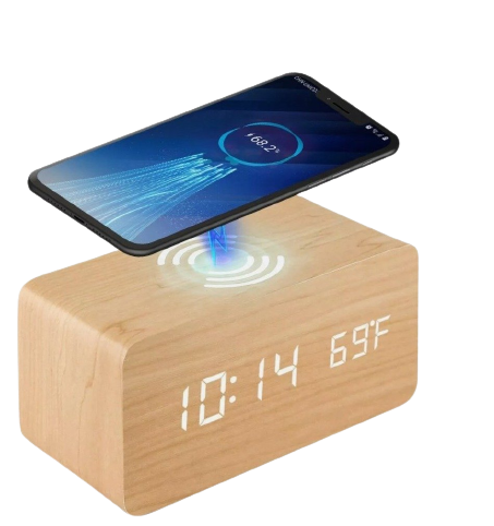 Wooden Digital Alarm Clock with Wireless Phone Charging Pad